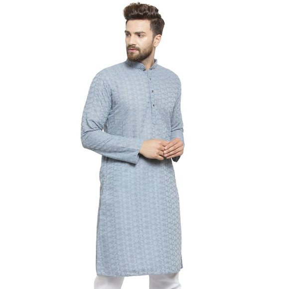 Designer Gray Cotton Chikankari Lucknowi Jaal Embroidered Kurta for Men - Picture 2 of 6